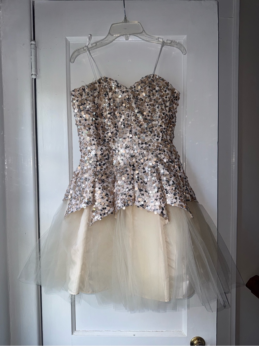 Steppin Out Champagne Sequin Party Dress with Tulle Skirt